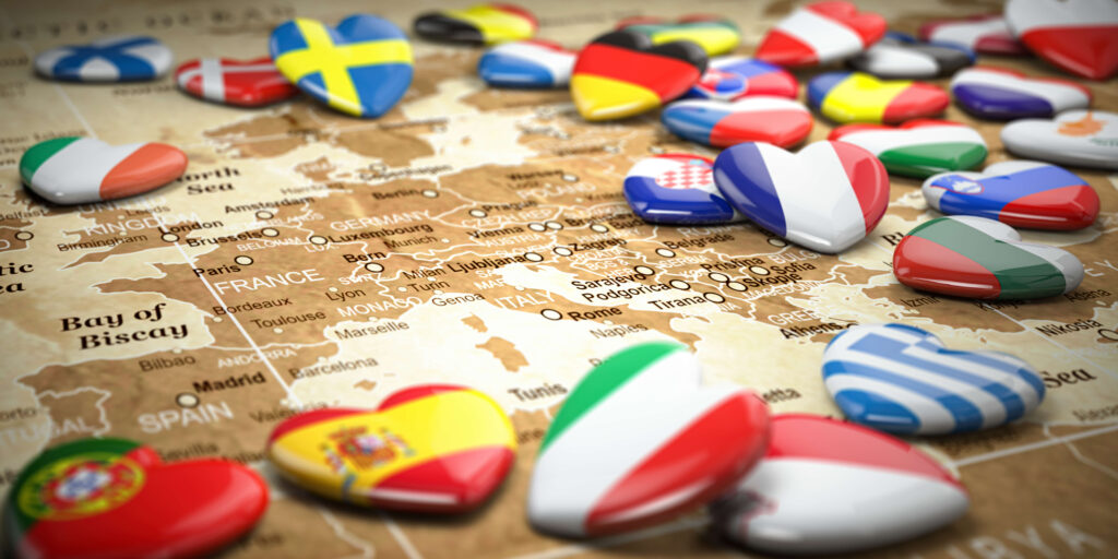 map of europe and hearts with flags of european