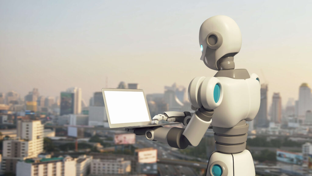 robot using a laptop computer with blank screen